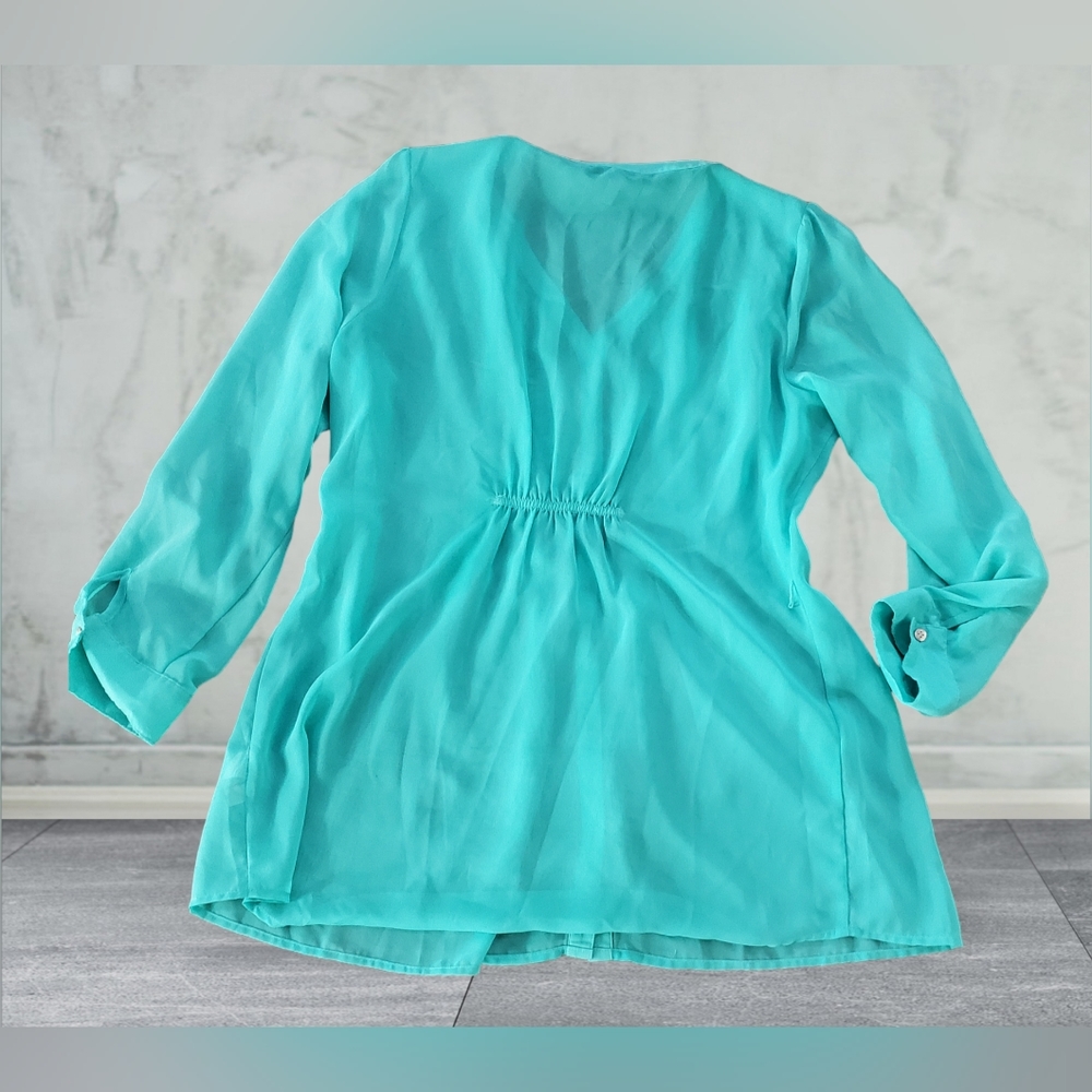 Vanity 2XL Sheer Mint Green Pleated Pintuck Tunic Longsleeved Blouse Top - Picture 2 of 10